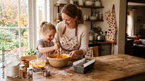 Mother and daughter happily baking together in a cozy kitchen during autumn