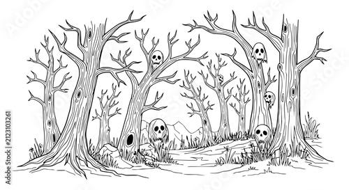 Spooky Forest with Skulls on Trees - Halloween Horror Illustration