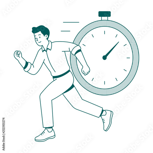 Running man racing against a large clock to complete work on time.