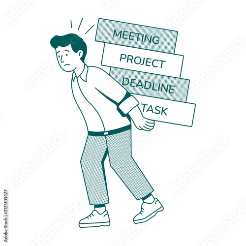 Overloaded man carrying several project and task signs while struggling to move.