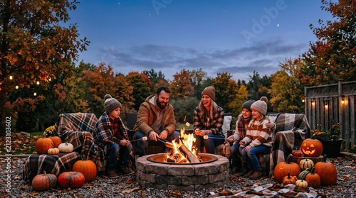 Happy family roasting marshmallows around a campfire in autumn with pumpkins and fall foliage