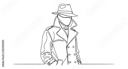 Minimalist Detective Line Art: Trench Coat, Fedora Hat, Mysterious Figure