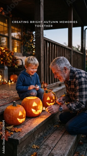 Grandfather and grandson light jack o lanterns on porch for autumn memories