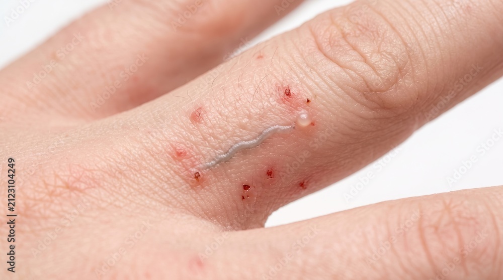 Fototapeta premium Extreme close up macro of scabies burrow track lesion and itchy vesicles on finger skin