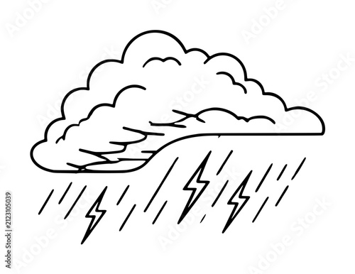 Hand-drawn black and white vector illustration of a dramatic thunderstorm cloud with lightning bolts and slanted rain pouring from the sky. Weather icon, simple line art