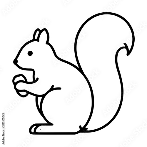Hand-drawn vector illustration of a cute squirrel standing upright holding a nut, simple line art icon with a fluffy tail, perfect for nature, woodland, or animal-themed graphic design projects,