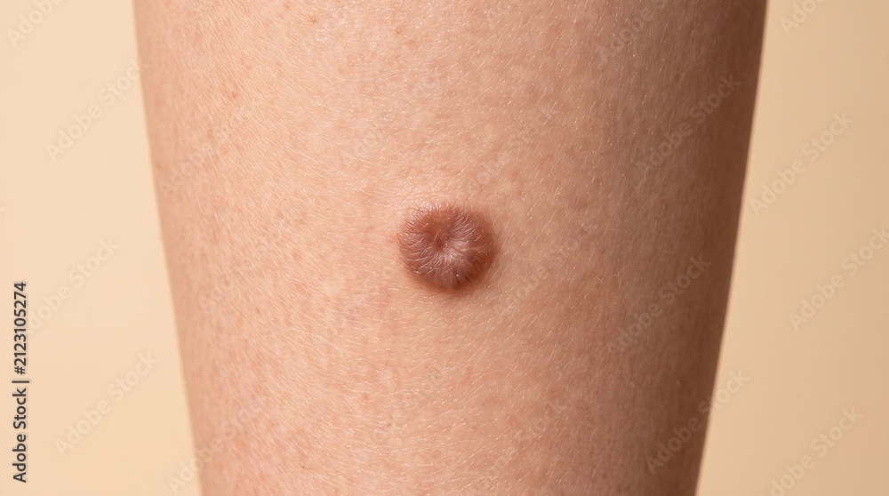 Fototapeta premium Close up view of raised benign dermatofibroma skin nodule lesion on leg