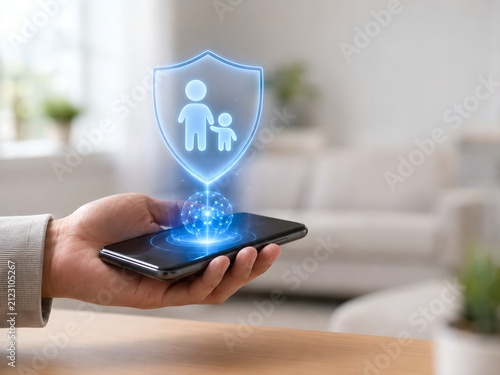 Hand Holding Smartphone with AI Parental Safety Assistant Hologram