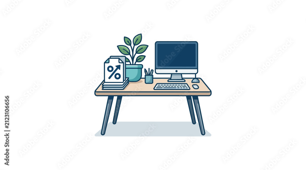 Fototapeta premium A clean illustration of a modern office desk with a computer and a potted plant