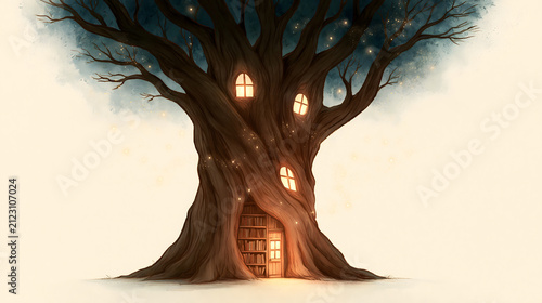 Whimsical magical treehouse library illustration with glowing windows and bookshelves inside hollow trunk