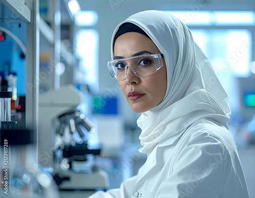 Focused female scientist wearing hijab and safety glasses conducting laboratory research with microscope equipment in a modern science facility, representing innovation, healthcare, biotechnology