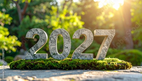 Stone numbers 2027 symbolizing a new year in a mossy garden with sunlight shining through trees