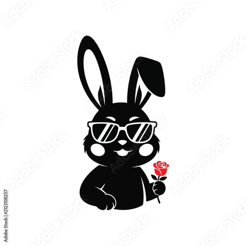 Cool Black Rabbit Wearing Sunglasses Holding Rose.