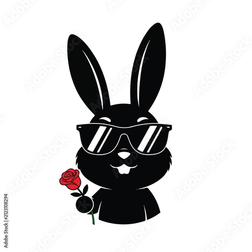 Cool Bunny Wearing Sunglasses Holding Rose.