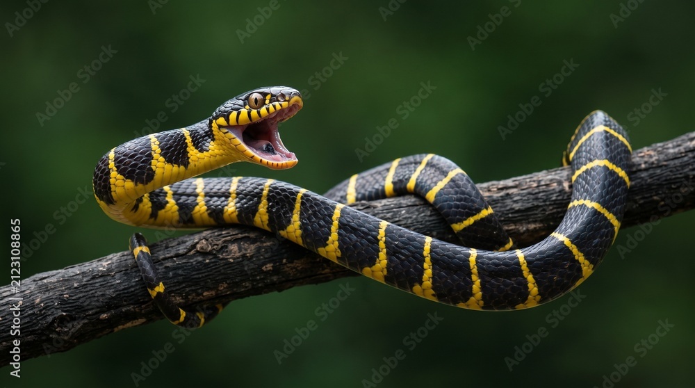 Obraz premium Black and Yellow Snake Coiled in Tropical Forest Close Up
