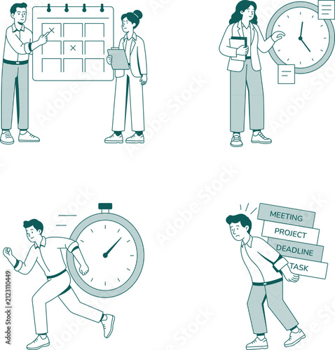 Workplace planning illustrations focused on coordination, organization, deadlines, project workload, and business productivity. 

