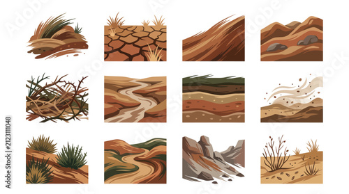 Foto Collection of arid desert landscapes with dry cracked earth and sparse vegetation