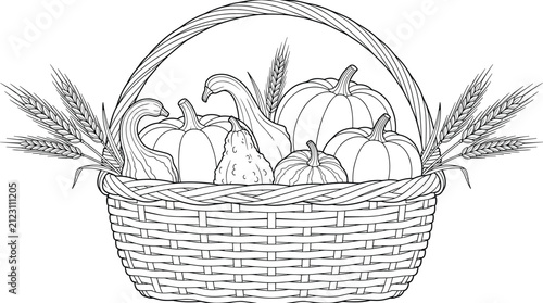 Obraz na płótnie Autumn harvest basket with pumpkins gourds and wheat stalks seasonal line drawin