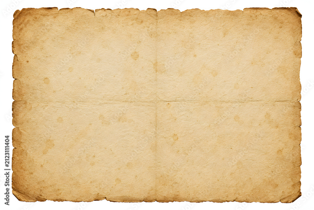 Fototapeta premium Vintage parchment paper background with deckle edges, aged antique paper texture with fold marks, weathered yellowed document for scrapbooking and invitations