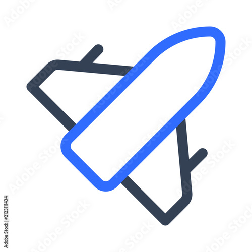 Minimalist blue and dark gray airplane icon with displays minimalist line art icon airplane angled towards right right rendered bold transportation