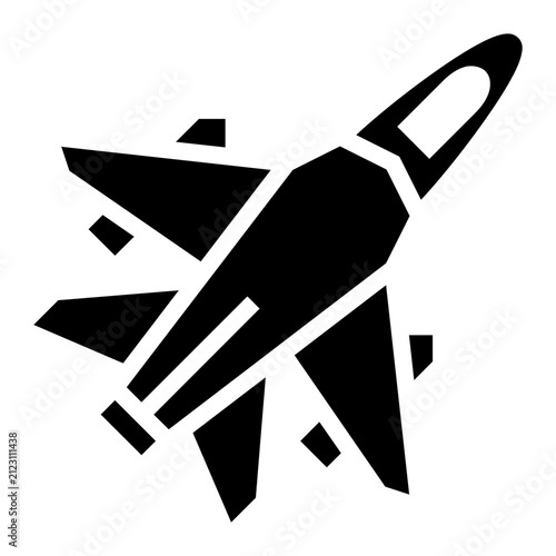 Minimalist silhouette graphic representing a sleek high speed military jet fighter aircraft vector icon with simplified black silhouette perspective against plain