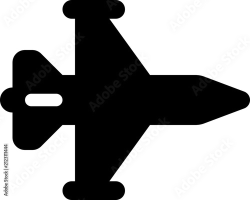 Minimalist black silhouette icon representing a military jet fighter aircraft on plain white background with presented clean minimalist displays solid black