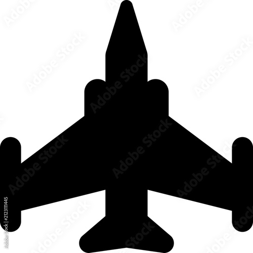 Minimalist black silhouette icon representing a high speed military fighter jet aircraft top view with against white background simplified black vector