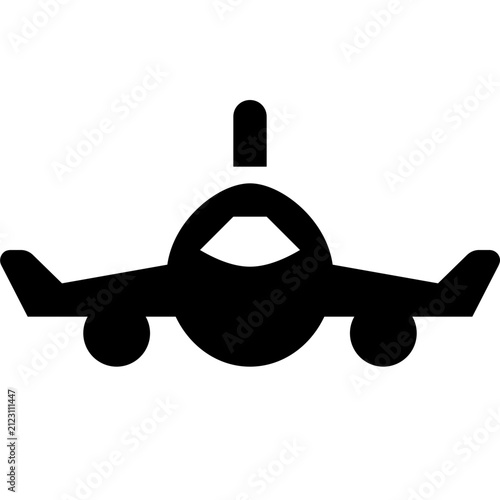Minimalist black silhouette icon representing front facing commercial jet airplane for aviation transport signage design with against white background