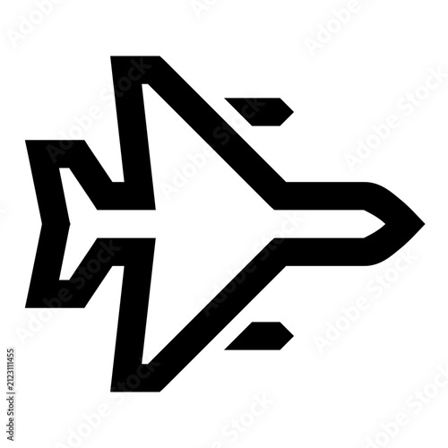 Minimalist black fighter jet silhouette icon isolated against a solid white background graphic design element with presented clean minimalist