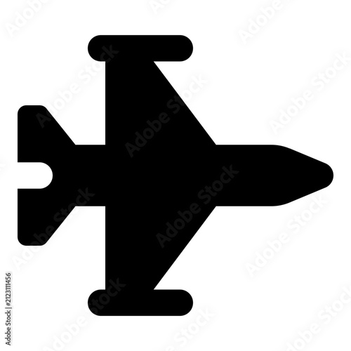 Minimalist black silhouette icon depicting modern military jet aircraft isolated against a clean white background with fighter jet designed flat black