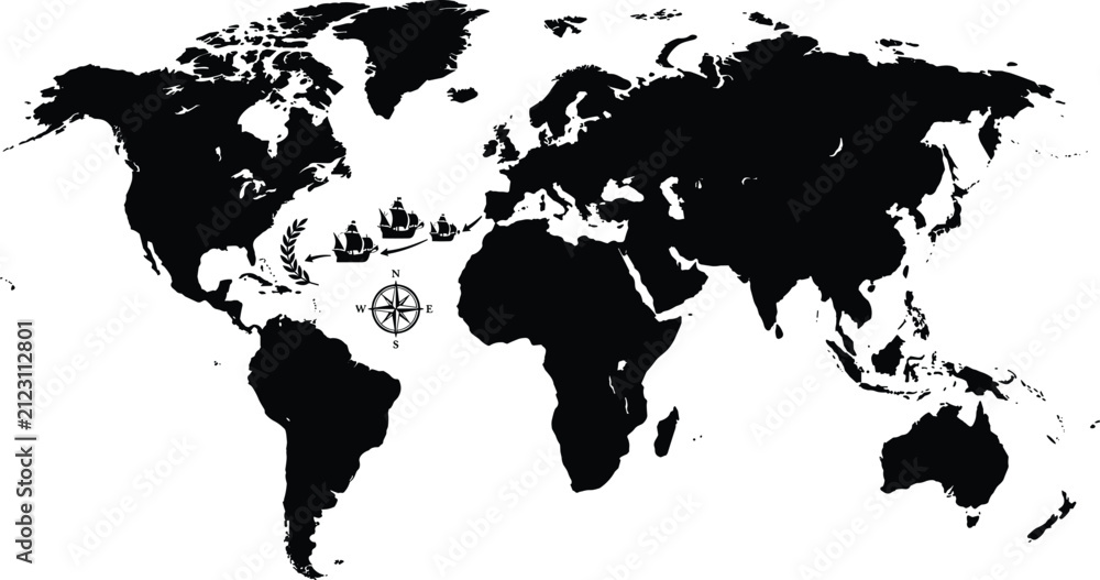 Obraz premium World map silhouette with sailing ships compass rose and laurel branch