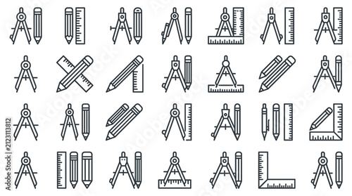 Set of professional architectural drafting tools and blueprints for technical design and construction planning