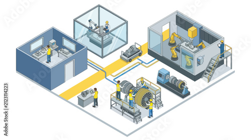Industrial factory complex with machinery and workers.