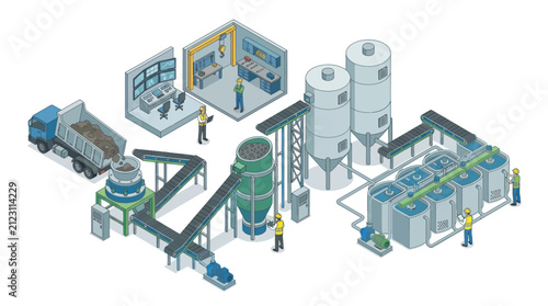 Industrial factory complex with silos and truck isometric view.
