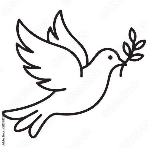 Minimalist dove of peace outline icon carrying an olive branch with illustration isolated religion