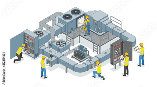 Industrial HVAC system installation and maintenance workers.