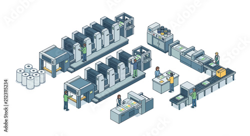 Industrial printing press machinery with workers in a factory setting.