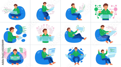 Flat vector illustration of a professional character engaged in a creative process and workflow