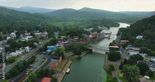 July 28, 2026 - Whitehall, NY, USA - Aerial video of the village of Whitehall, NY and the Champlain Canal.  Whitehall is regarded as the Birthplace of the United States Navy.