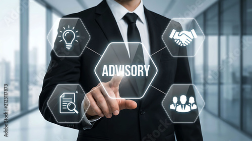 Businessman pointing touching virtual advisory icon with business concept