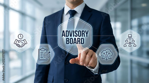 Businessman touching advisory board icon on virtual interactive screen