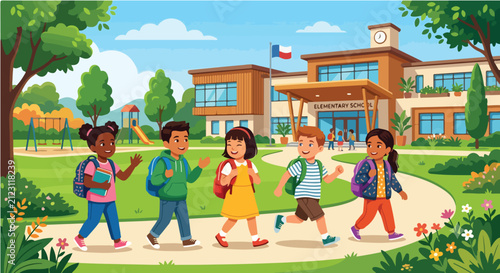 Happy Diverse Children Walking to Elementary School Building Vector Illustration