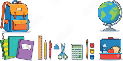 Back to School Supplies Set with Backpack Notebooks Globe and Stationary Vector Illustration