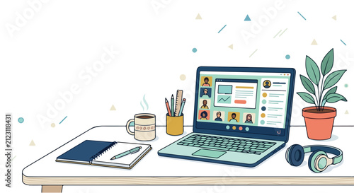 Online Education Desktop Workspace with Laptop Notebook Coffee and School Supplies Vector