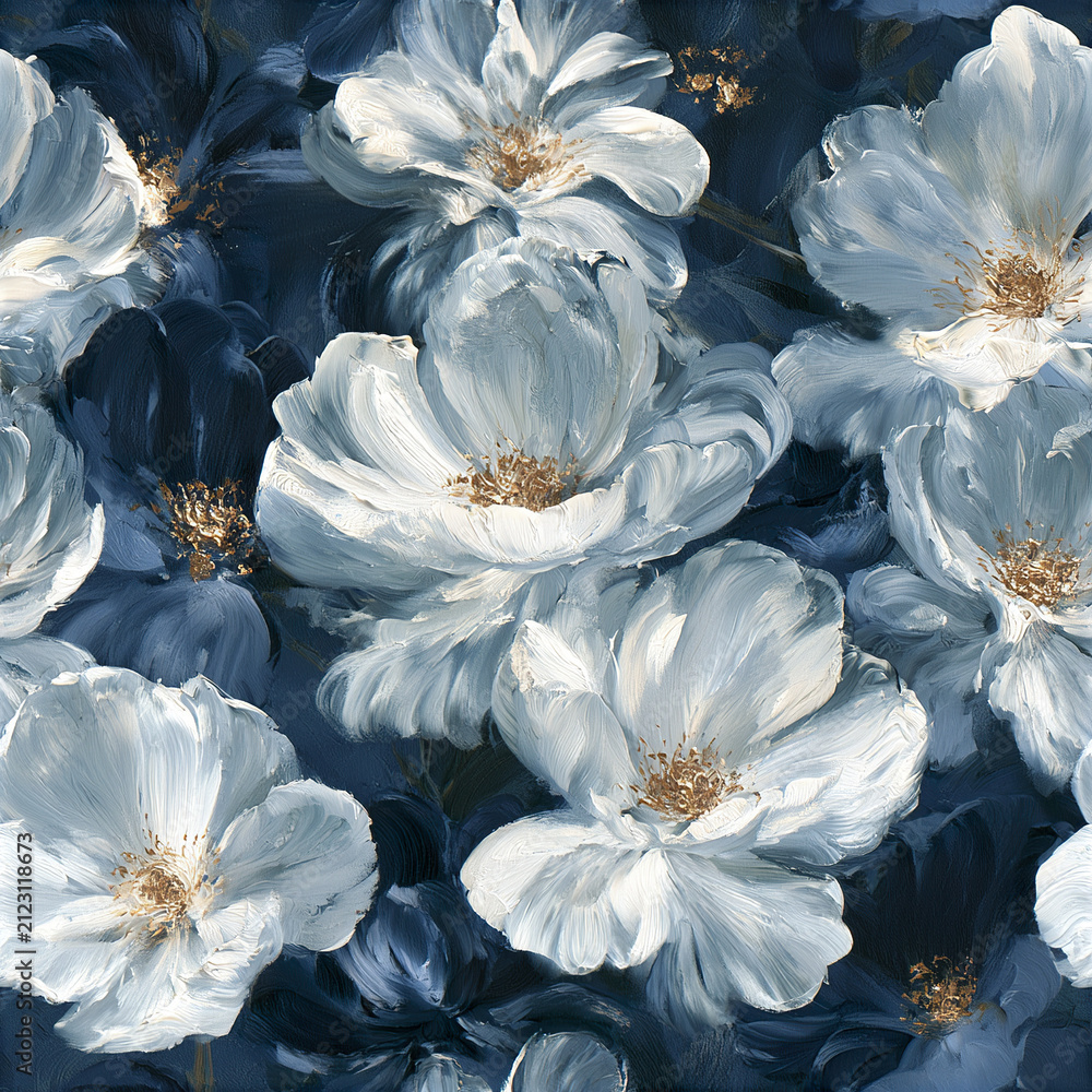 Obraz premium White flower oil painting with dark blue background creates seamless impressionist floral pattern full of delicate beauty