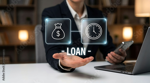 Businessperson holding bank loan icons for financial fast approval