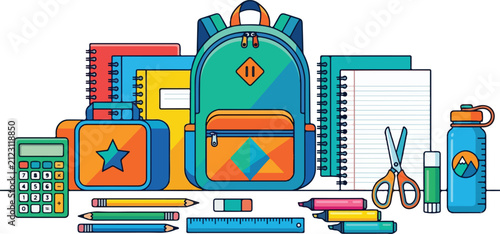 School Supplies Still Life Concept with Backpack Notebooks Markers and Water Bottle Vector