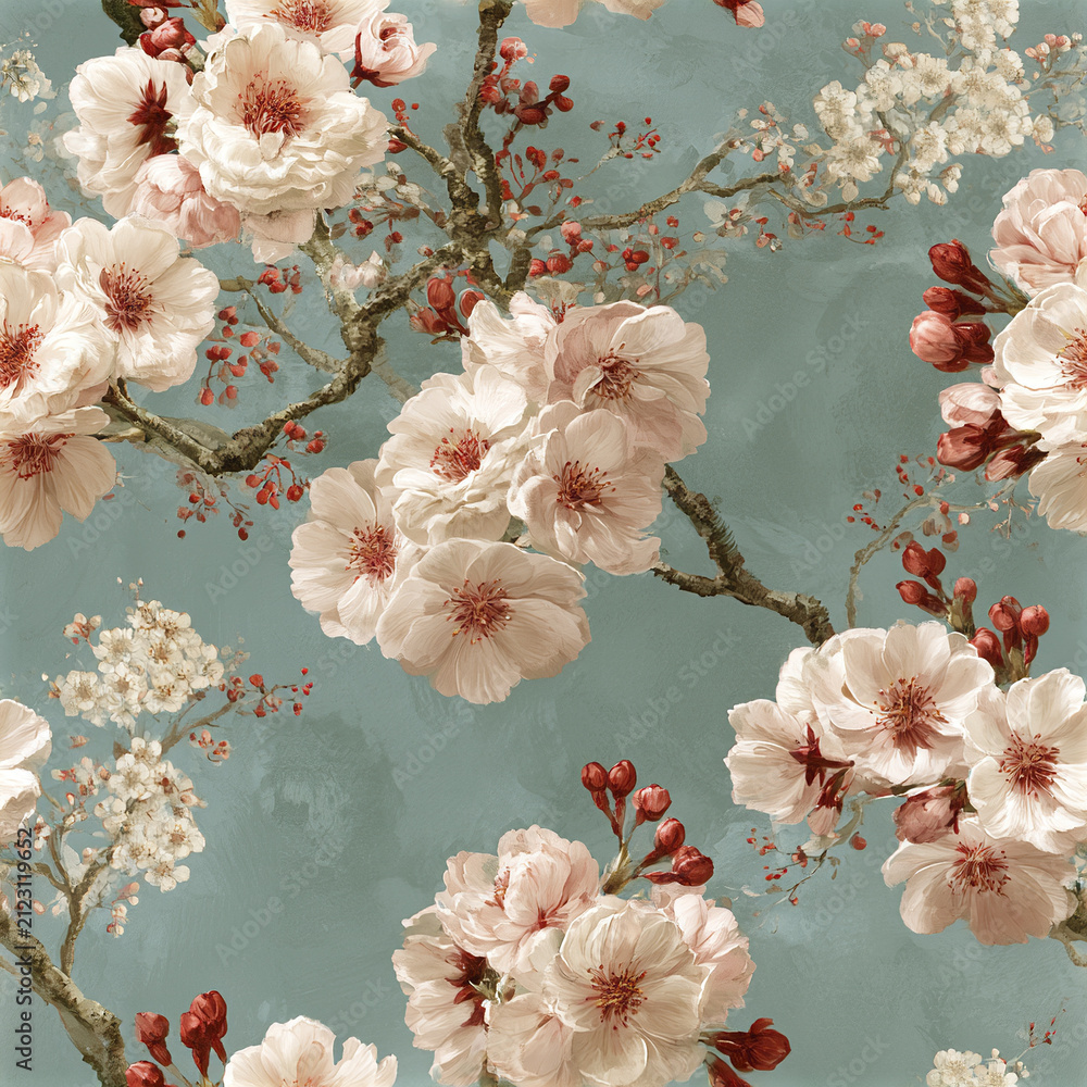Fototapeta premium Soft pink cherry blossom flowers with red buds on textured blue background create delicate seamless spring garden pattern