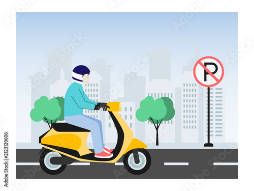 A man riding a yellow electric scooter through a city. Traffic illustrations. Flat vector concepts.
