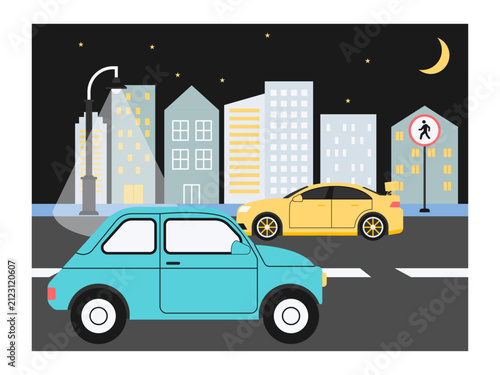 A nighttime city traffic scene shows a light blue compact car in the foreground passing a yellow sedan in the background. Traffic illustrations. Flat vector concepts.